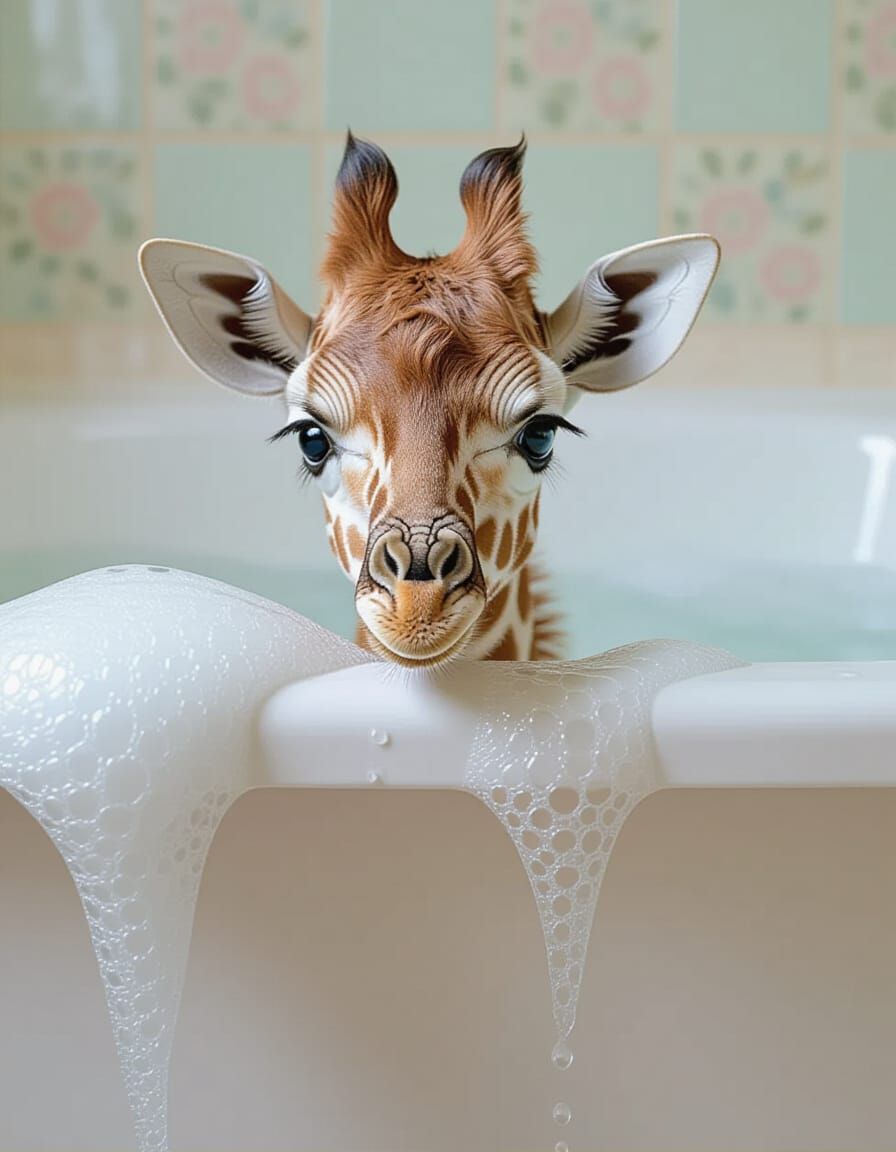 Baby Giraffe in Bathtub: Hyperrealistic Macro Photography