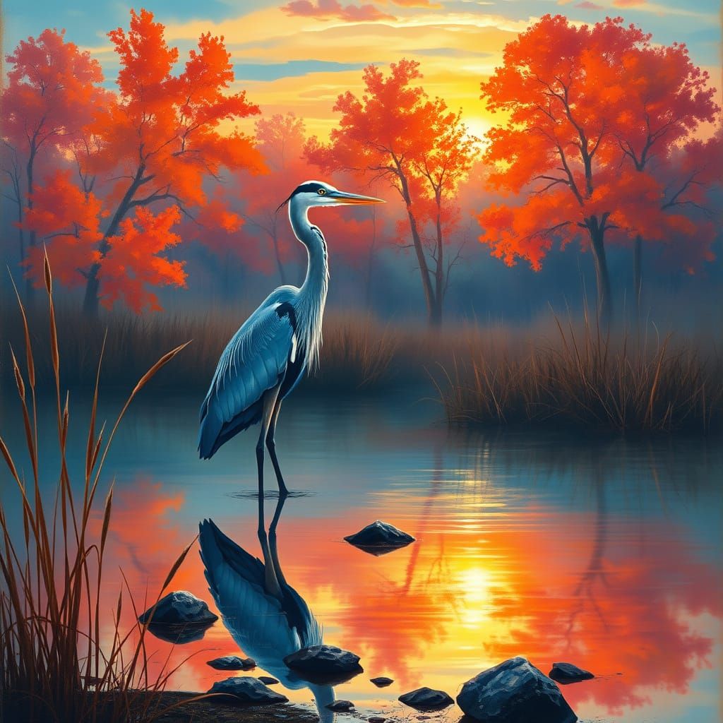 Great Blue Heron in Autumn Marsh Sunset