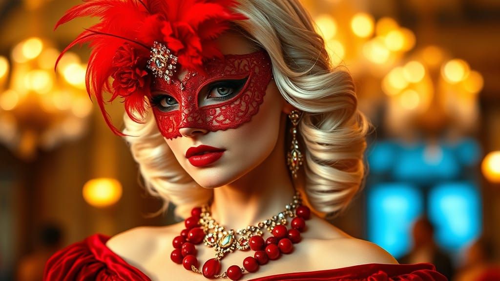 Elegant Woman at a Grand Masquerade Ball in Luxurious Style