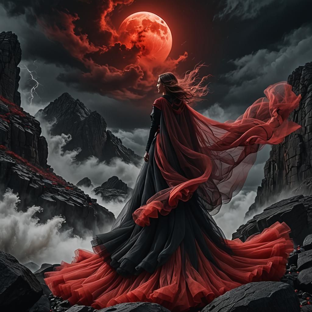 Mysterious Lady in Red Storm with Black Veils