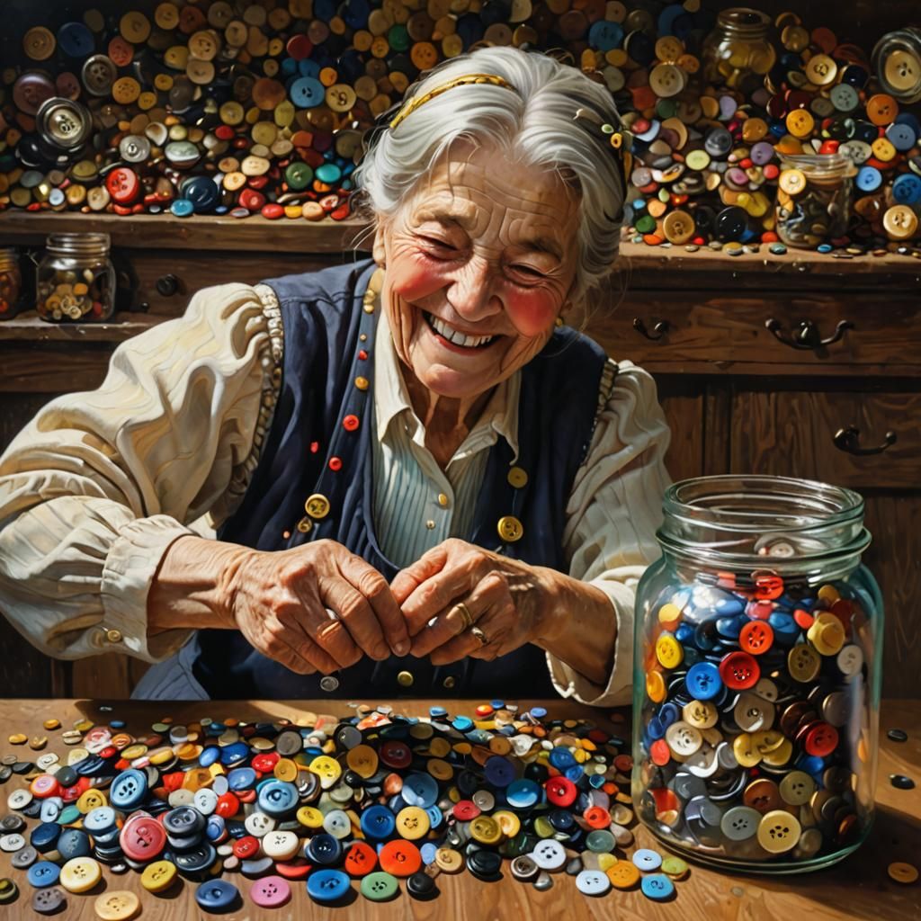 Hyperrealistic Oil Painting of Buttons and Old Woman