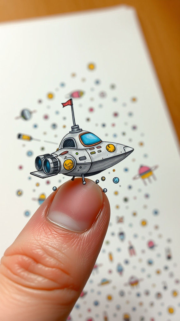 Whimsical 3D Spaceship Doodle on Fingertip