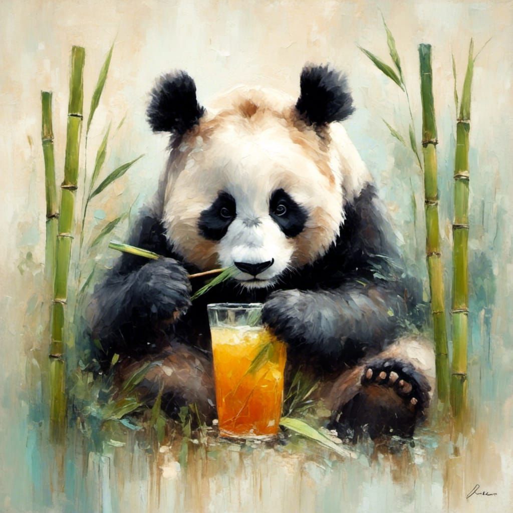 Panda Sipping Juice as Impressionist Painting
