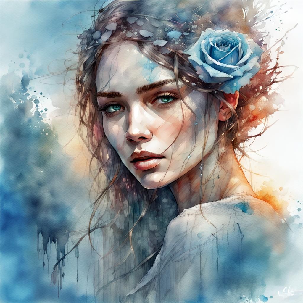 Icy Blue Rose Woman: Digital Watercolor Art