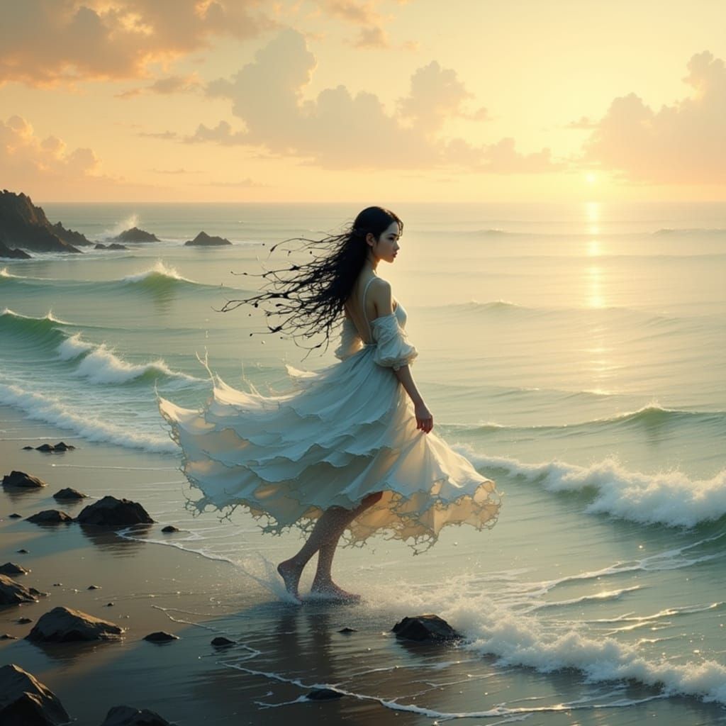 Seashore Serenity: Woman in Seawater Dress