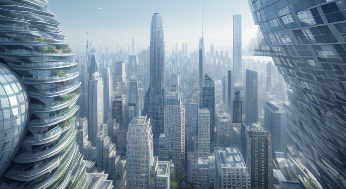 Gingham Skyscraper Rises from Futuristic Cityscape