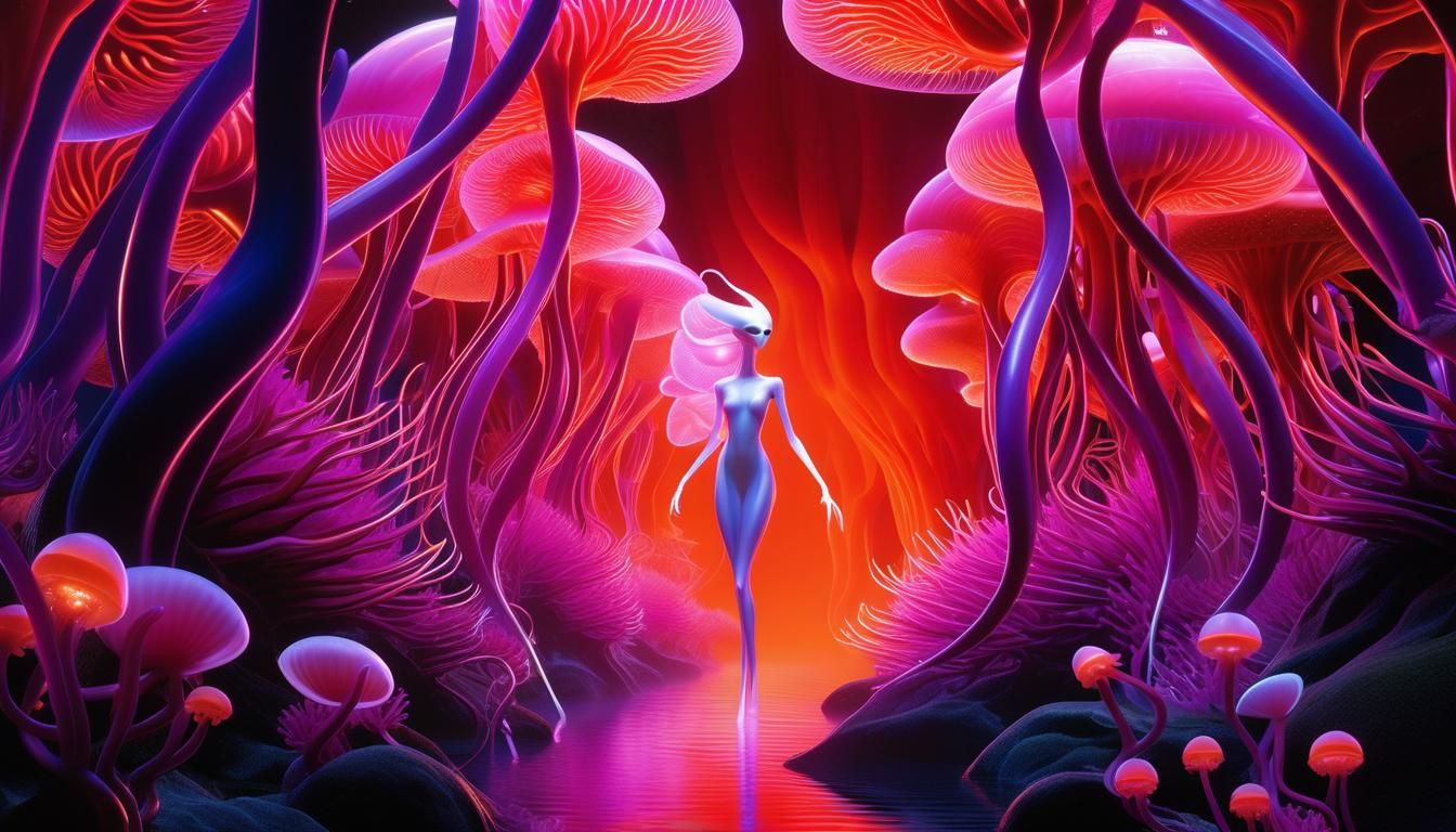 Alien Humanoids in Bioluminescent Landscape