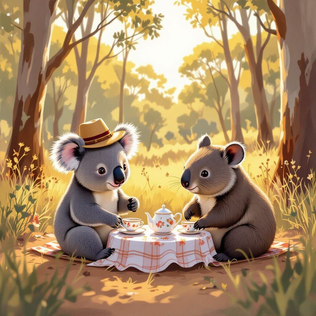 Cute Koala and Wombat Tea Party in Outback