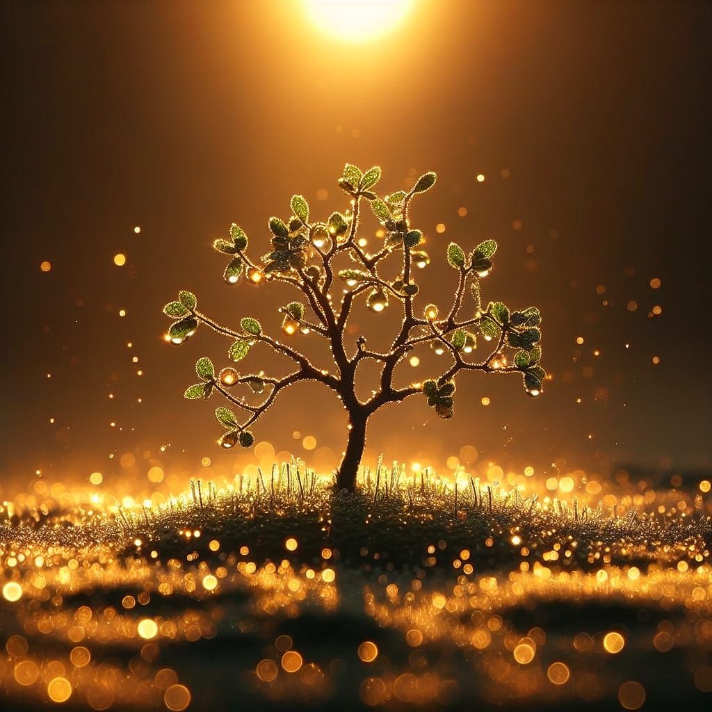 Miniature Tree at Dawn Bathed in Golden Light
