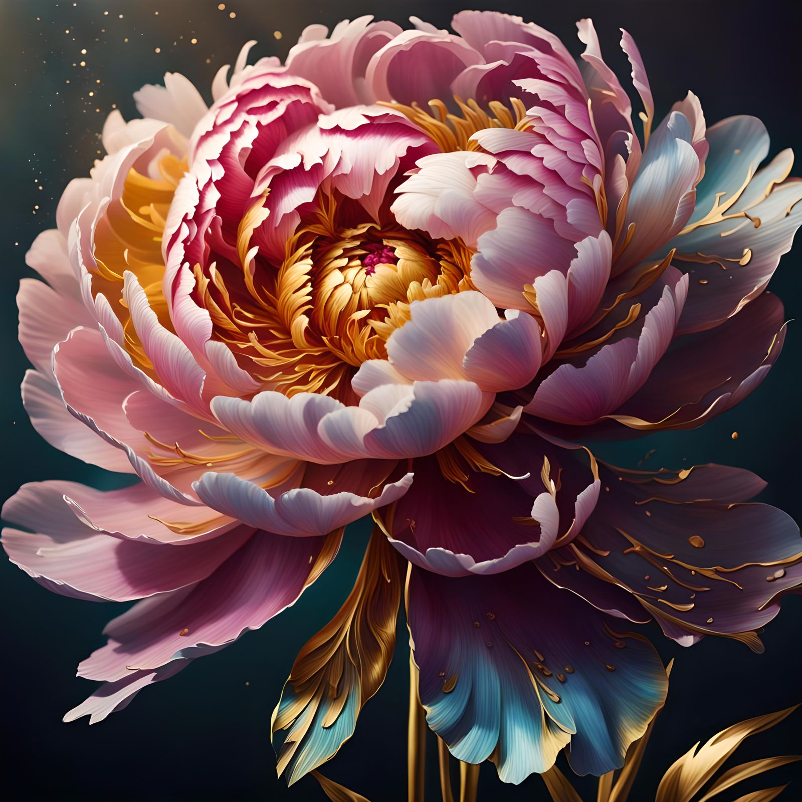 Hyperrealistic Gold Peony in Splash Art Style