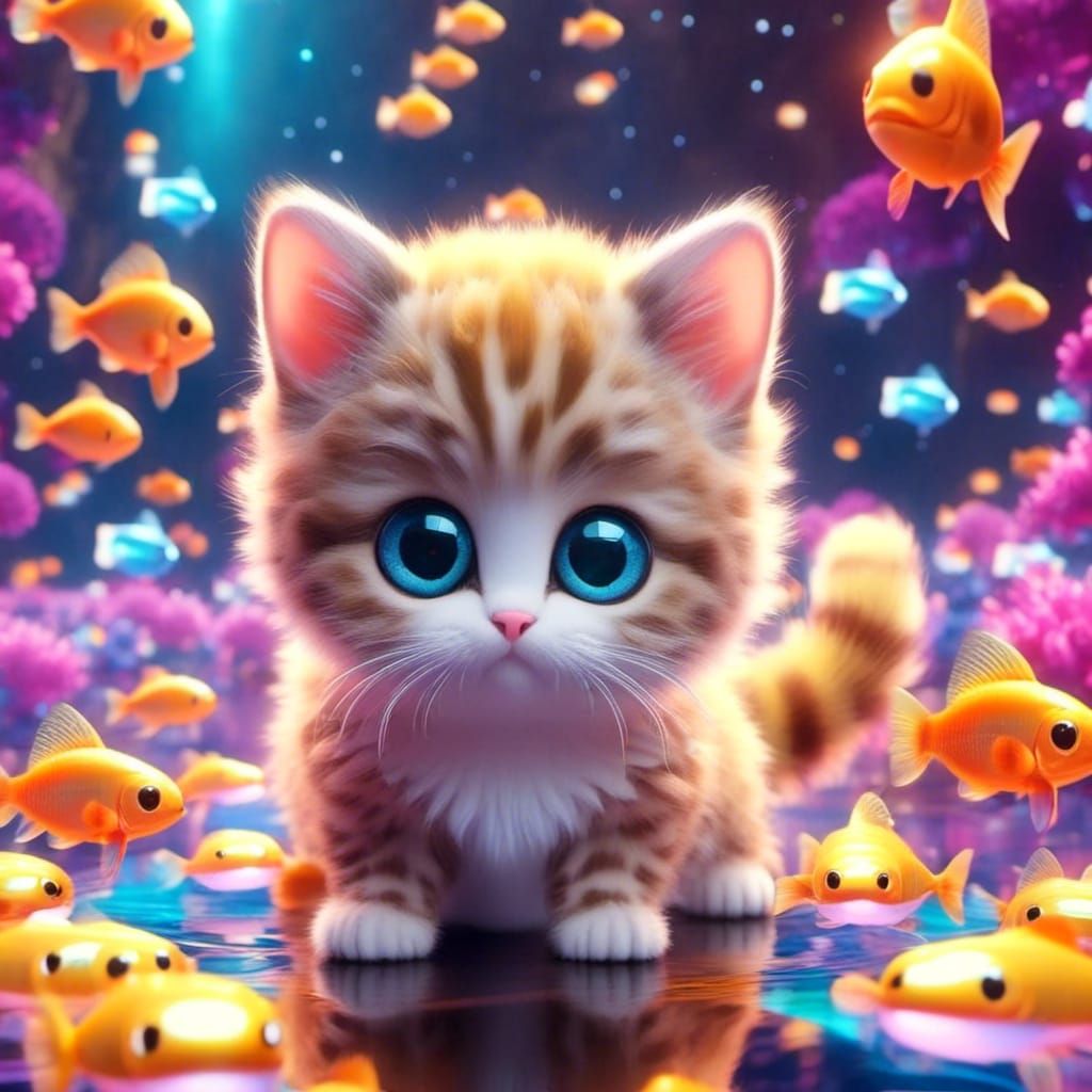 A cosmic kitten on the milky street is using a smartphone to play a cat fish game, beautiful, colorful, hyperrealis...