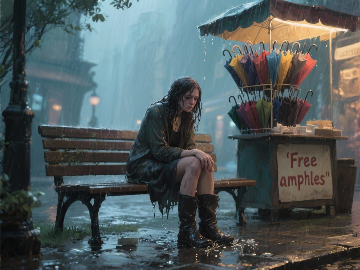 Sad Woman in Rain Beside Free Umbrella Stand