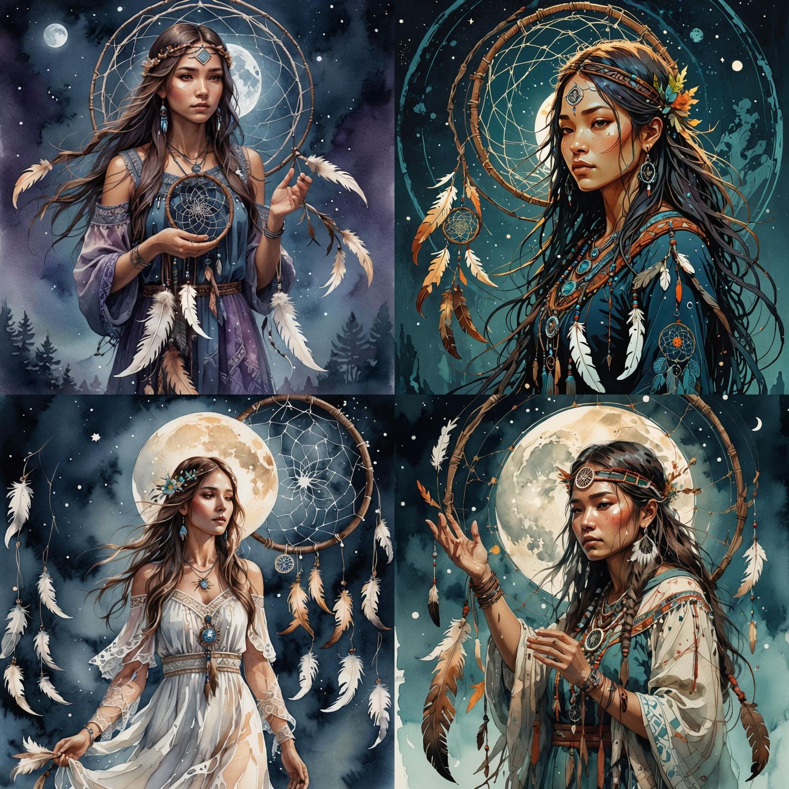 Dreamcatcher Girl Under Moonlight: Watercolor Digital Art