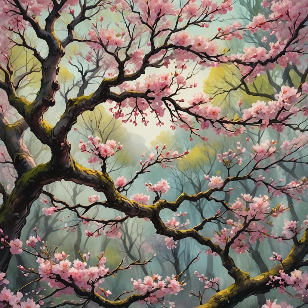 Blooming Cherry Tree Watercolor in Lush Forest