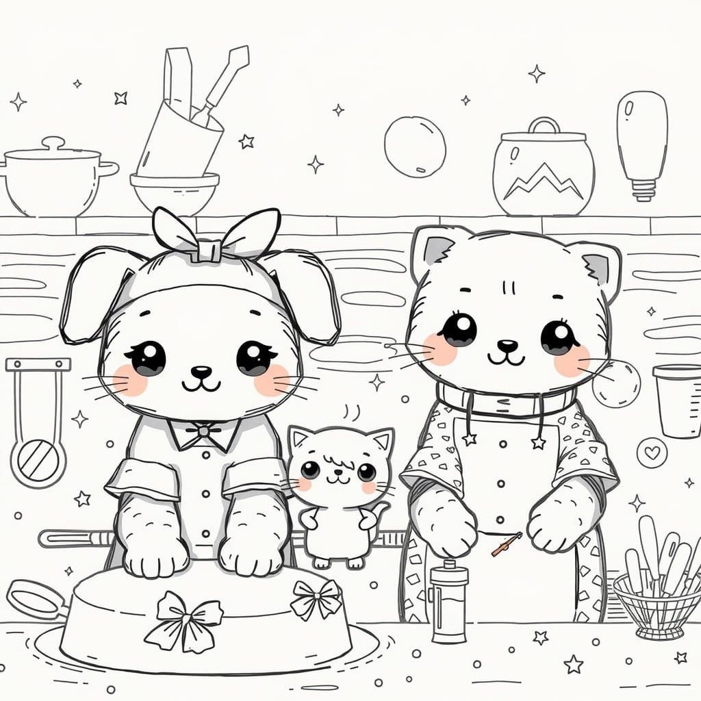 Kawaii Chef Cats and Dog in Whimsical Kitchen