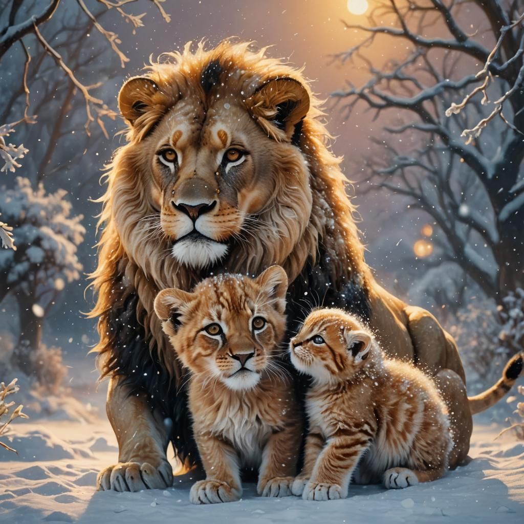 Lion and Kitten Embrace in Snowy Fantasy Art