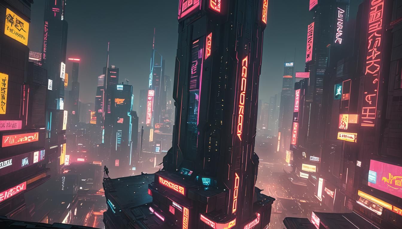 Neon Monolith in Cyberpunk Cityscape