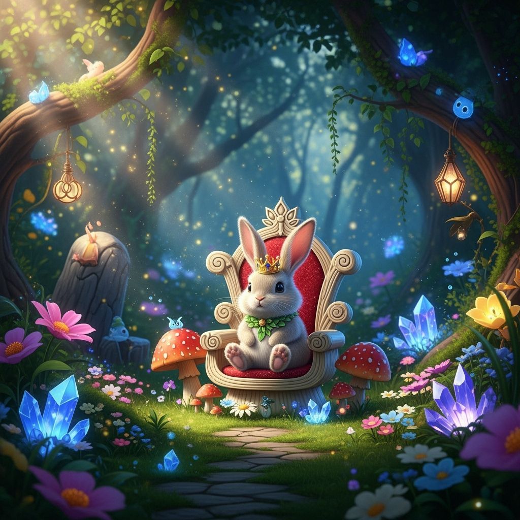 Enchanted Bunny King on Mushroom Throne, Digital Art