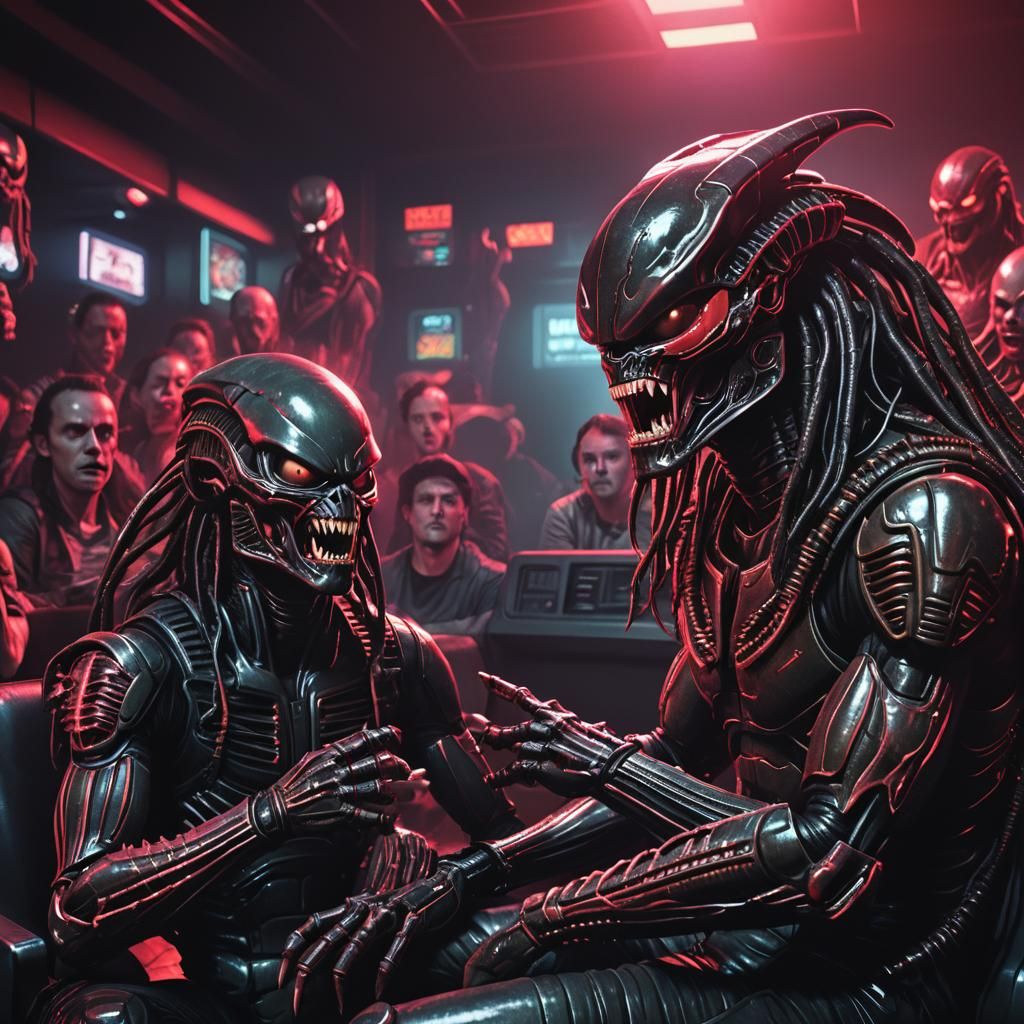 Xenomorph and the Predator with popcorn cups on their laps a...