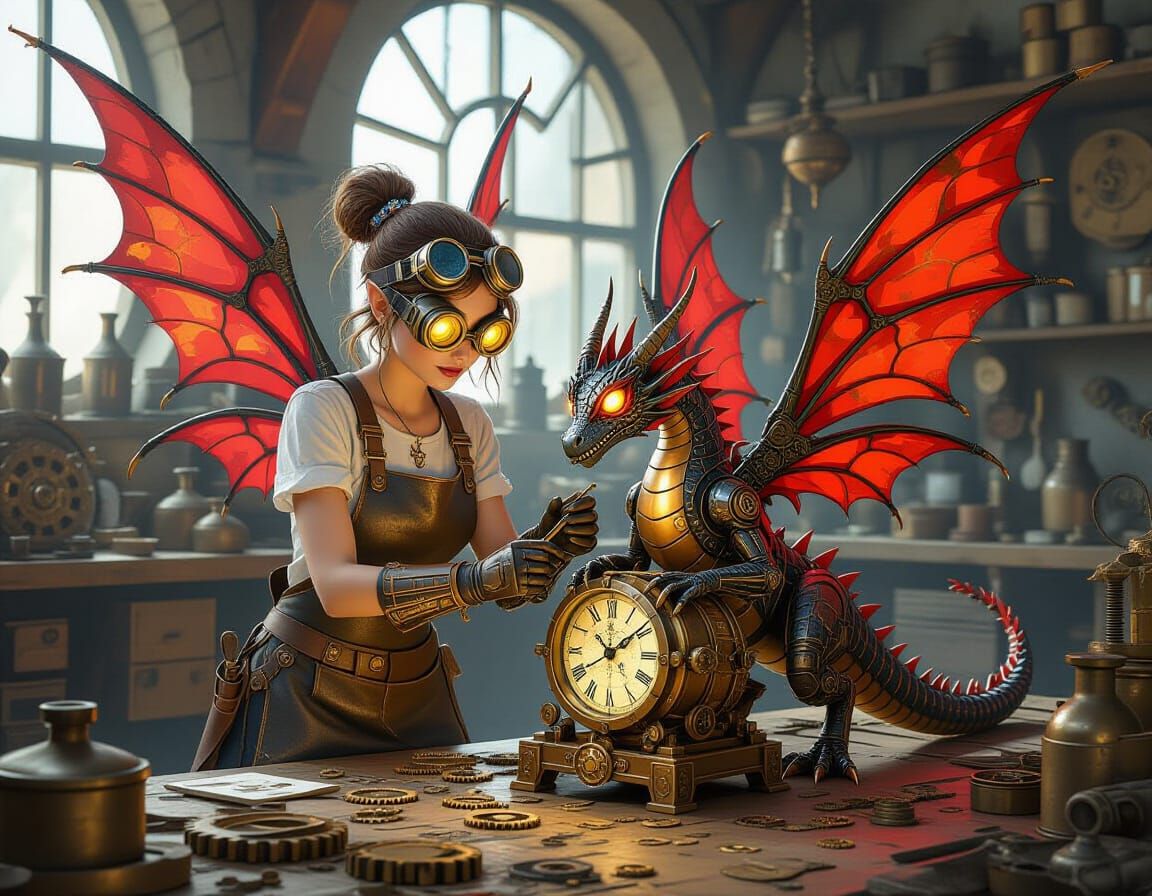 Steampunk Fairy Repairs Clockwork Dragon