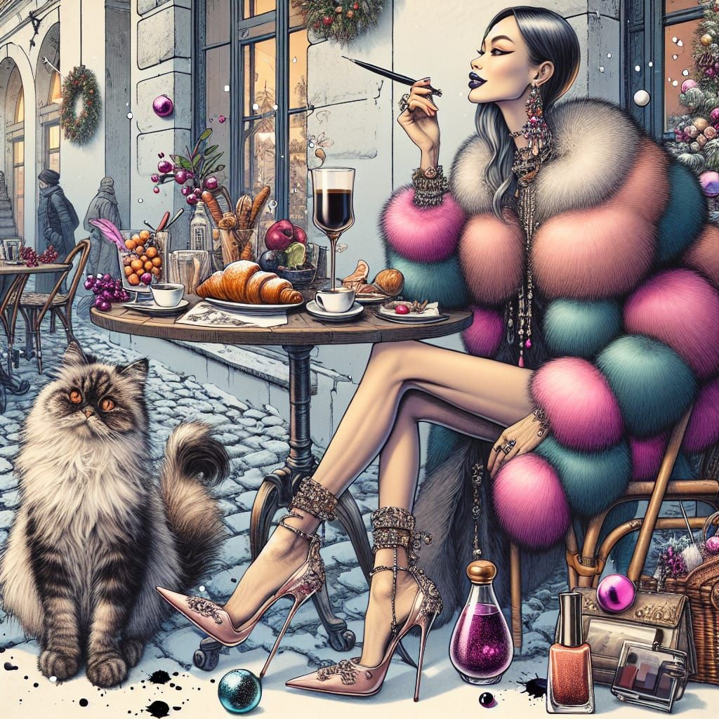Whimsical Woman in Italian Cafe: Surreal Christmas Scene