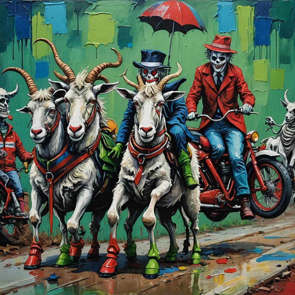 Beetlejuice Bikers on Goat: Acrylic Painting