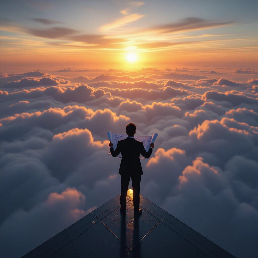 Sunrise Achievement: Architect Surveys Futuristic Cityscape