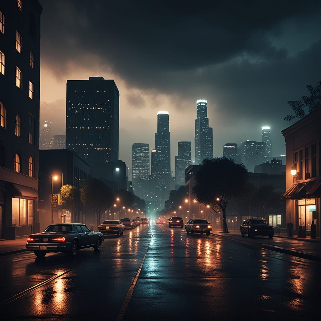 Moody Los Angeles Cityscape at Dusk in Film Noir Style