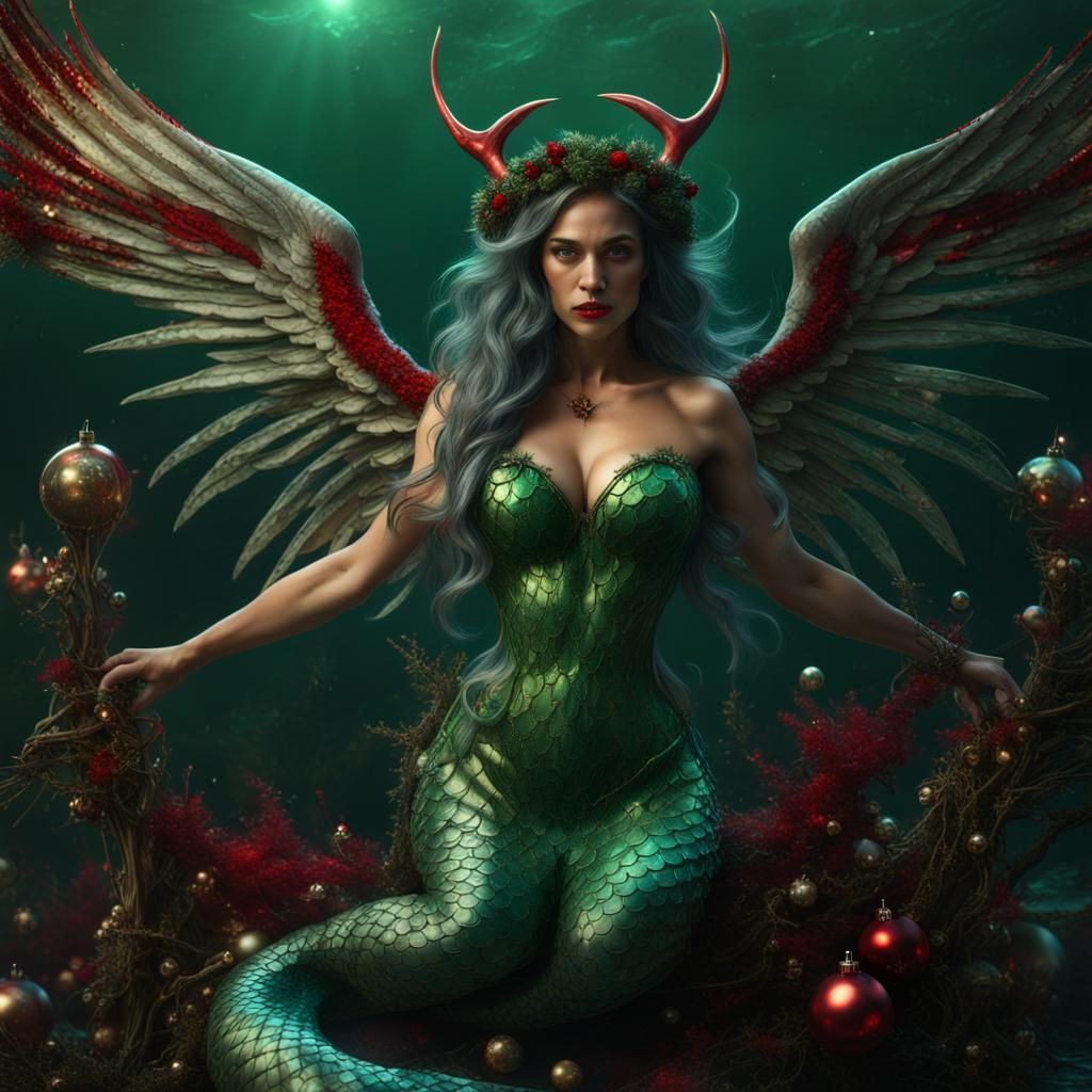 Evil Mermaid Christmas Angel in Detailed Matte Painting