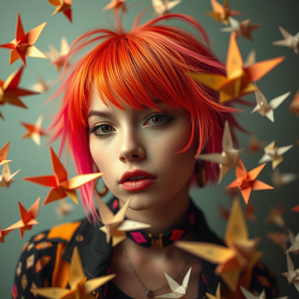 Edgy Punk Woman Surrounded by Origami Art