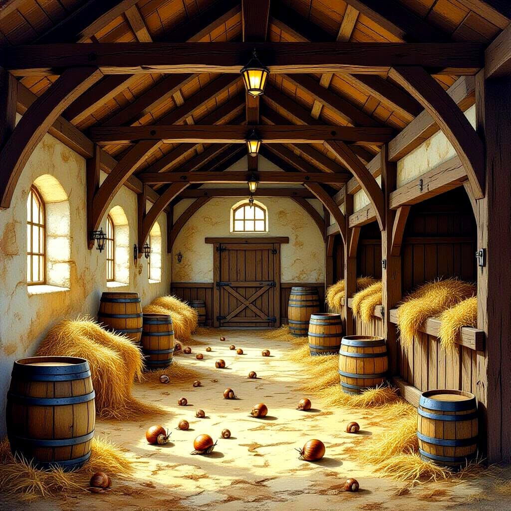 Medieval Stable with Snails, in Whimsical Style