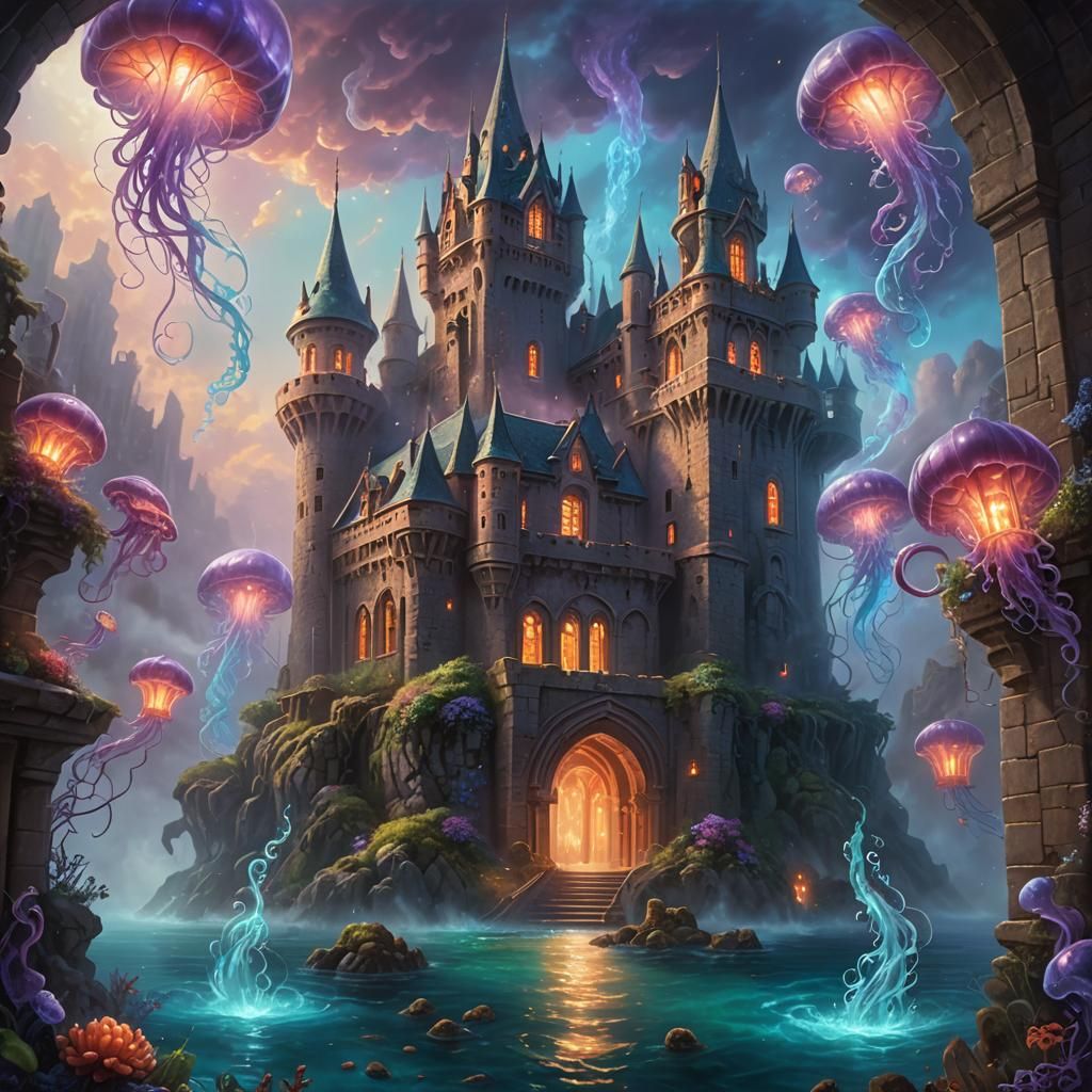 Majestic Kraken Destroys Underwater Castle in Dreamlike Fant...