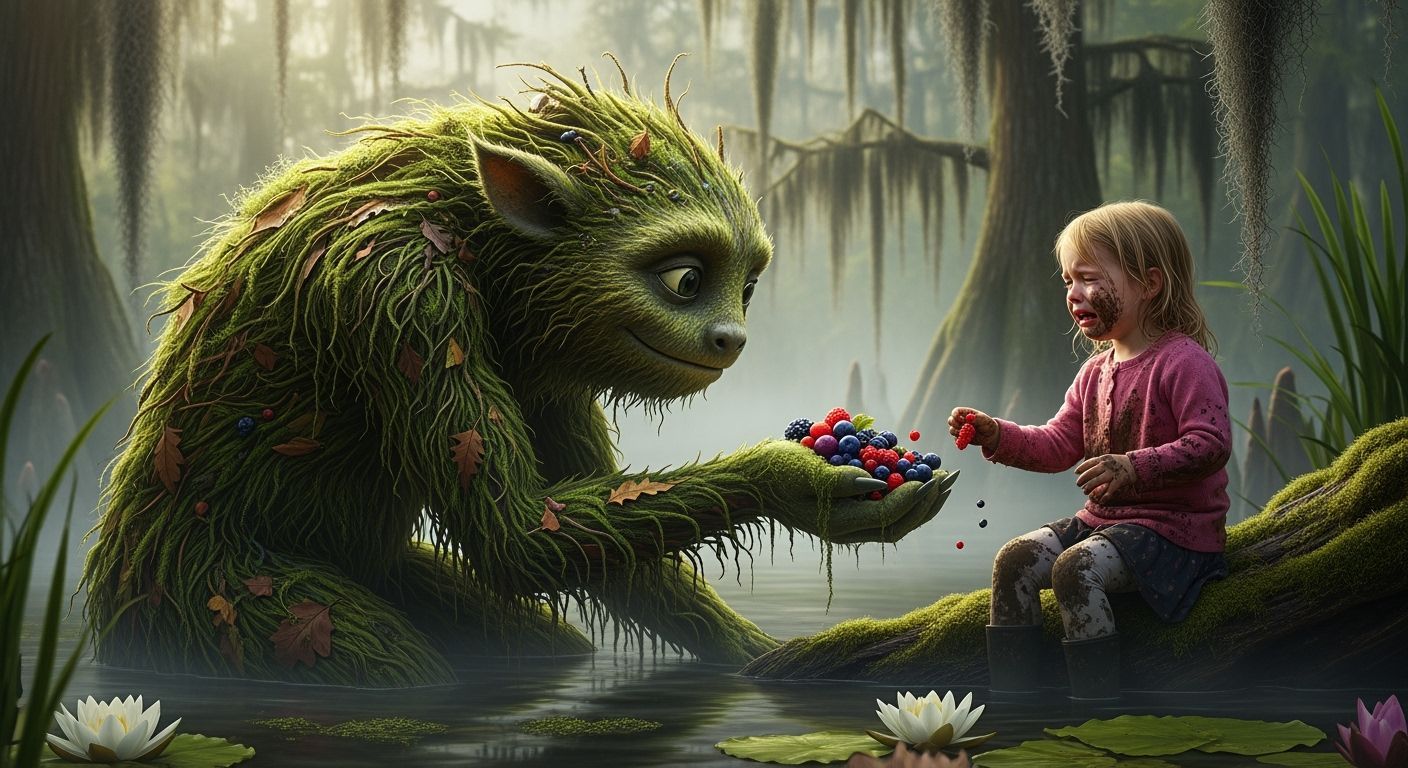 Gentle Swamp Monster Offers Berries to Lost Girl