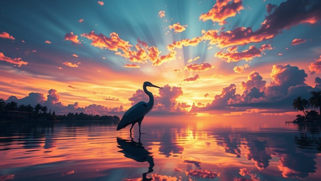 Elegant Heron on Lagoon at Sunset: Matte Painting