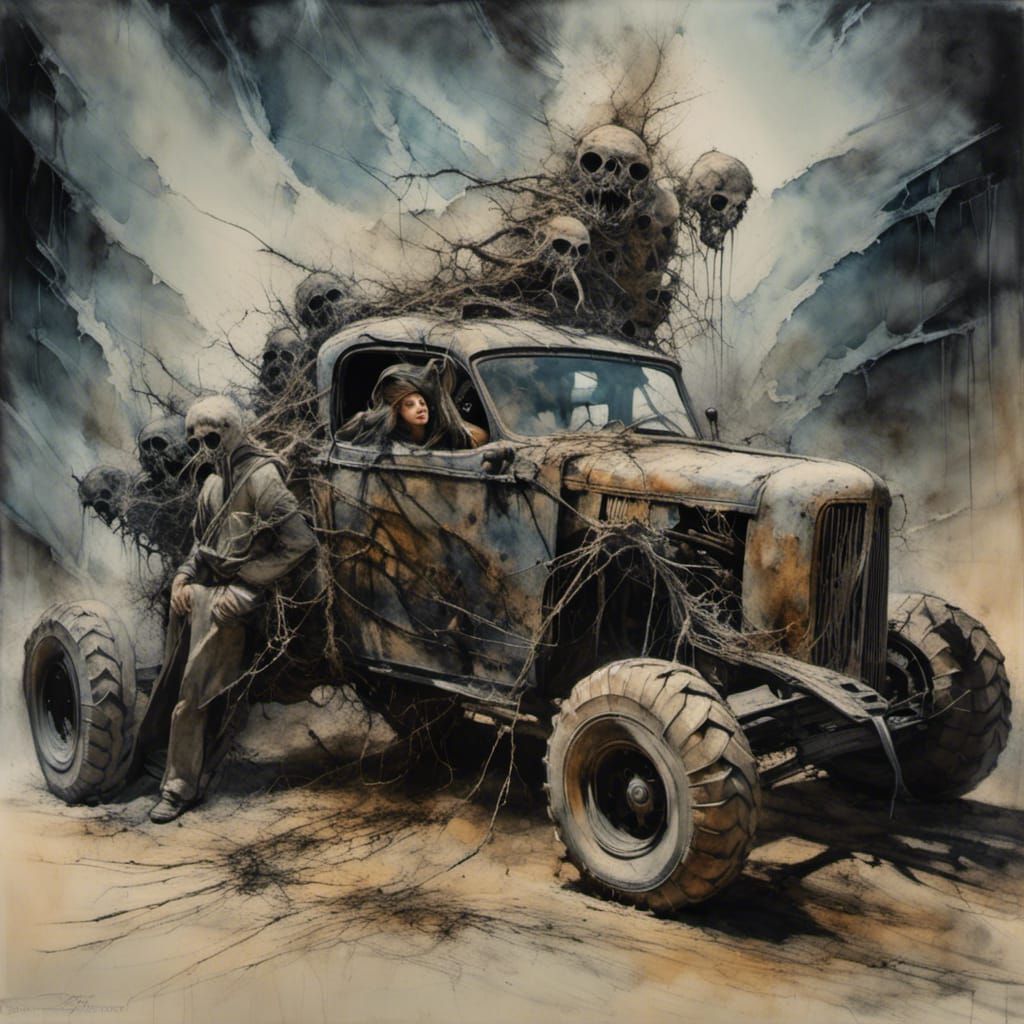 Norman Rockwell HR Giger Mad Max out of the Wasteland style