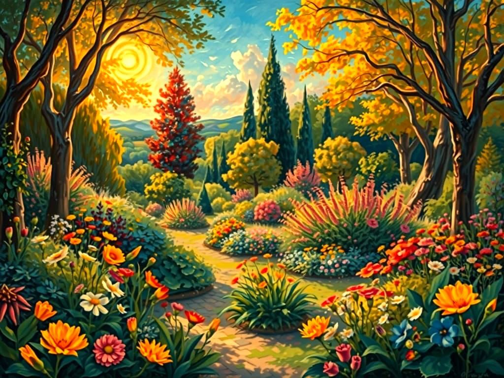 Impressionist Garden Scene in Vibrant Oil on Canvas
