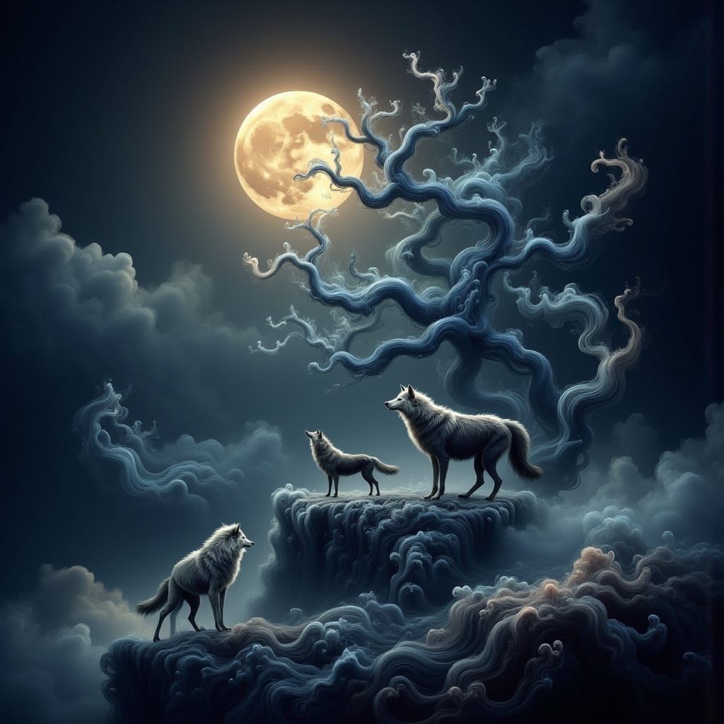 Wolf Pack Howls Under Ethereal Moonlight in Dark Fantasy