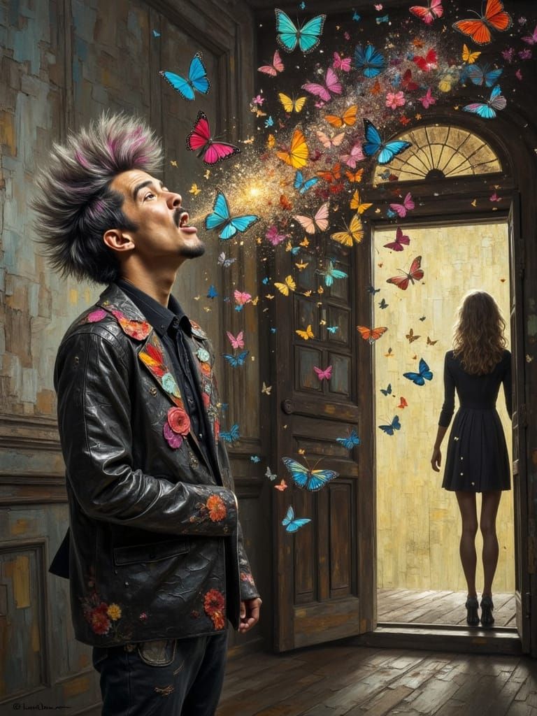 Man Vomiting Butterflies in Impasto Oil Painting