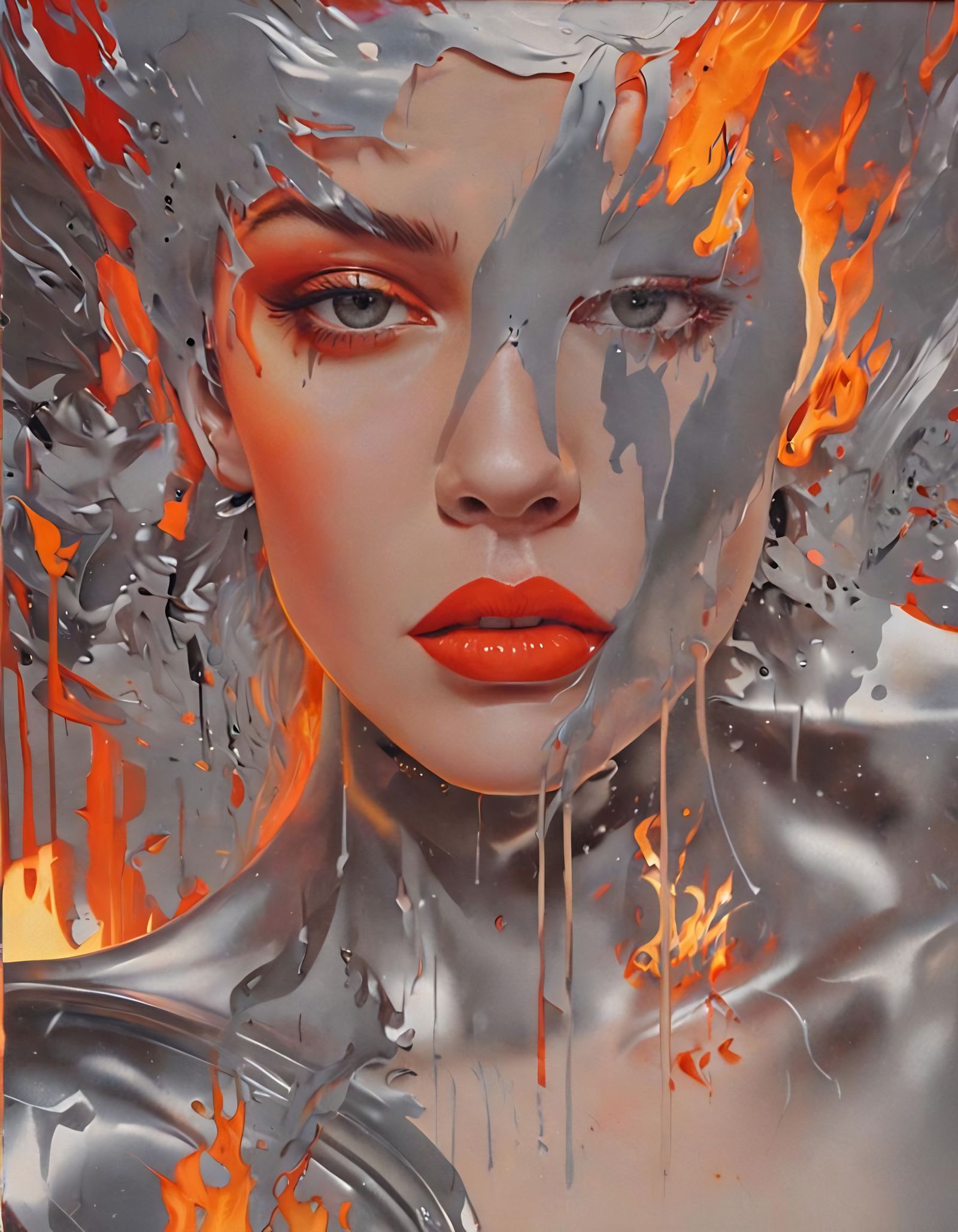 Liquid Metal Woman in Fiery Cubist Abstraction