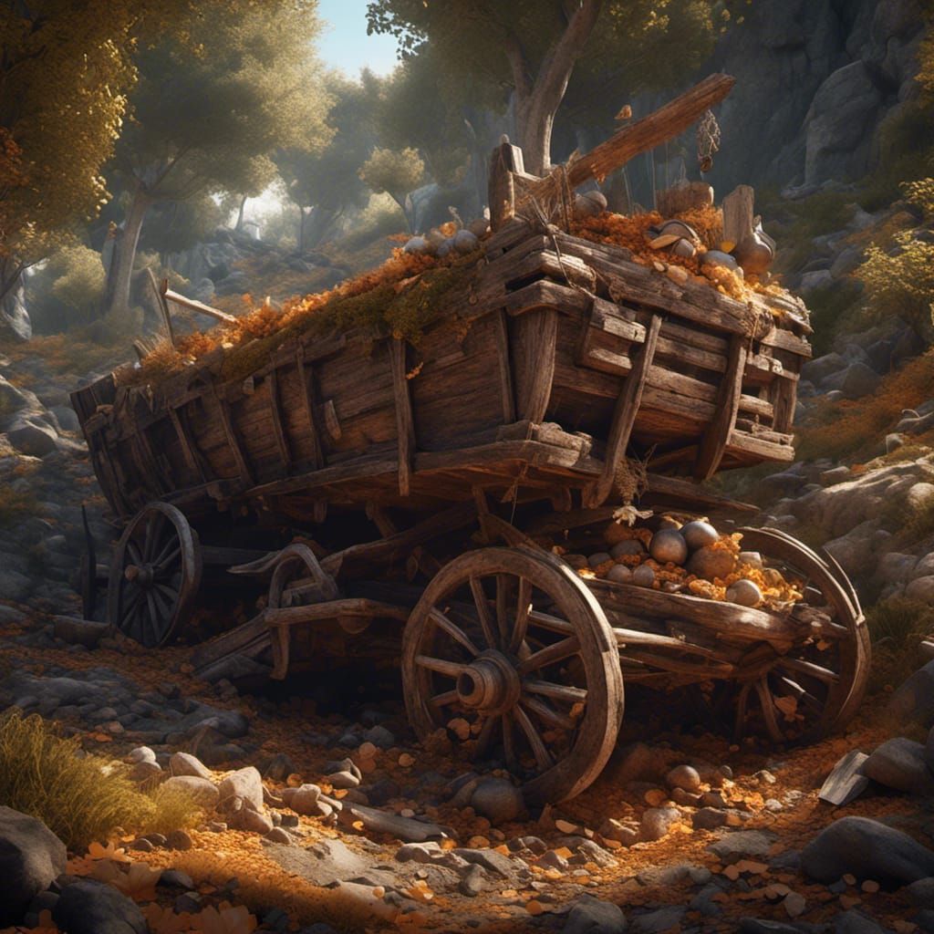 Destroyed Medieval Wagon in Detailed Matte Painting Style