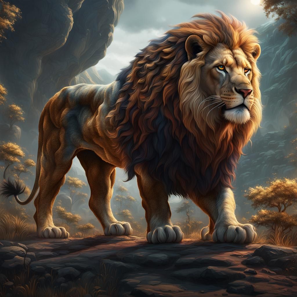 Majestic Lion: Detailed Matte Painting in Deep Color