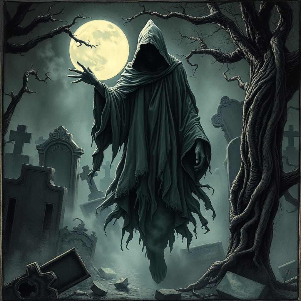 Ethereal Specter in a Haunted Cemetery