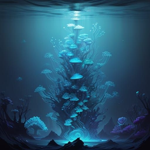 Bioluminescent Jellyfish Drifting in Alien Ocean