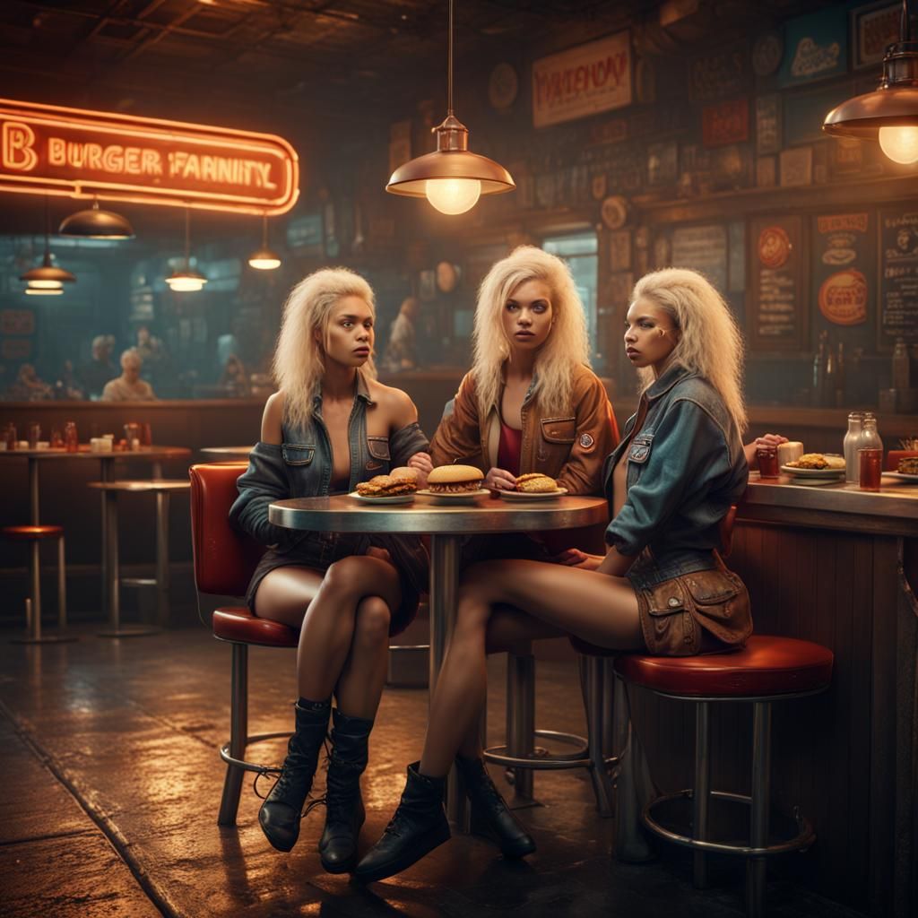 Two Blond Models at Burger Joint: Fantasy Art
