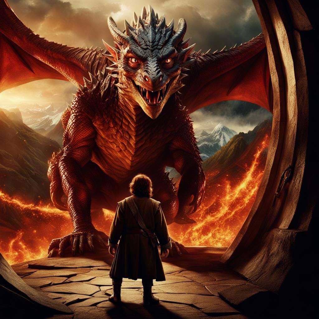 Hobbit Encountering Smaug in Cinematic Style