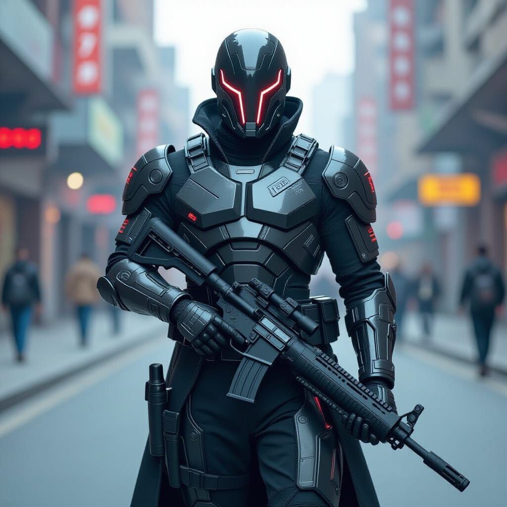 Futuristic Soldier with Metallic Weapons
