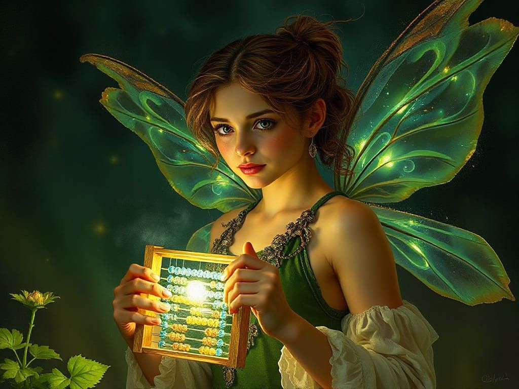 Fairy Mathematician with Glowing Abacus in Epic Fantasy Styl...