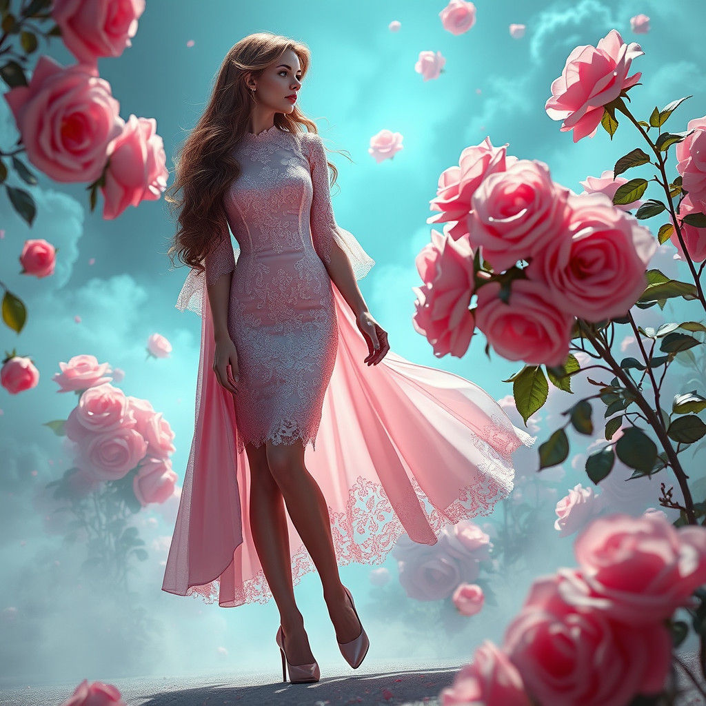 Dreamlike Woman Conjuring Pink Roses in Matte Painting Style
