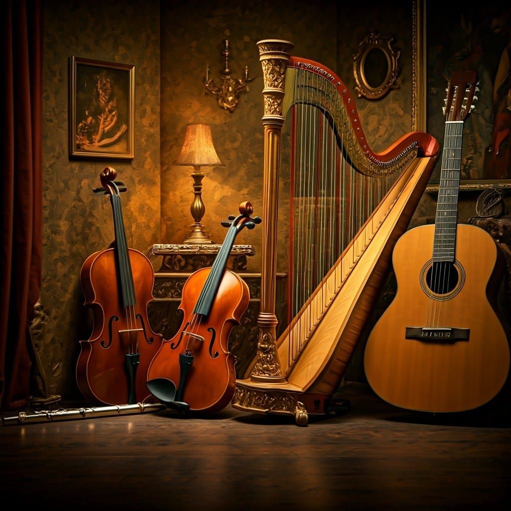 Musical Instruments in Oil Paint Style with Golden Lighting