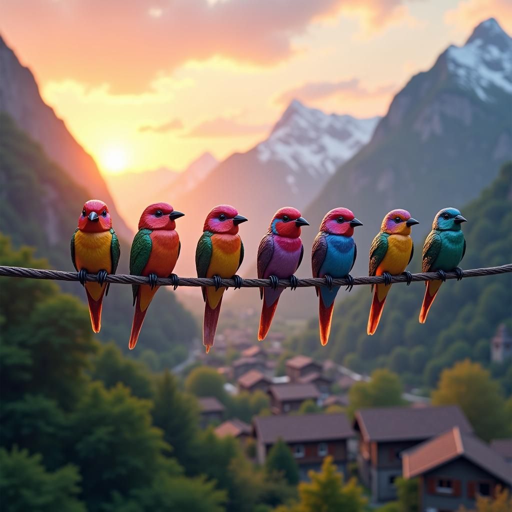 Iridescent Musical Note Birds at Sunset